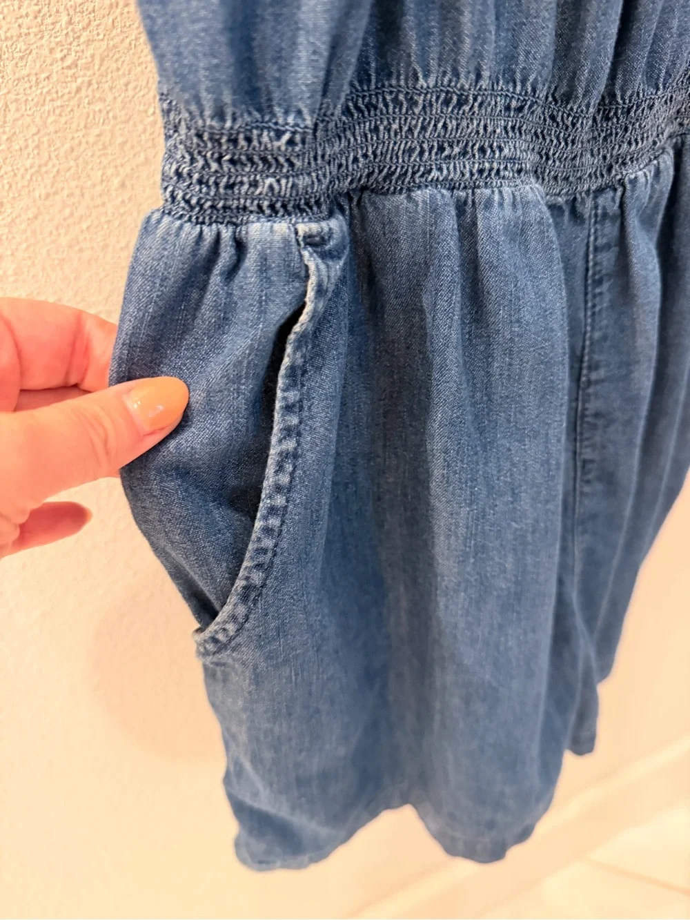 GAP Kids Denim Smocked Strap Romper in Classic Blue Chambray Girls Large